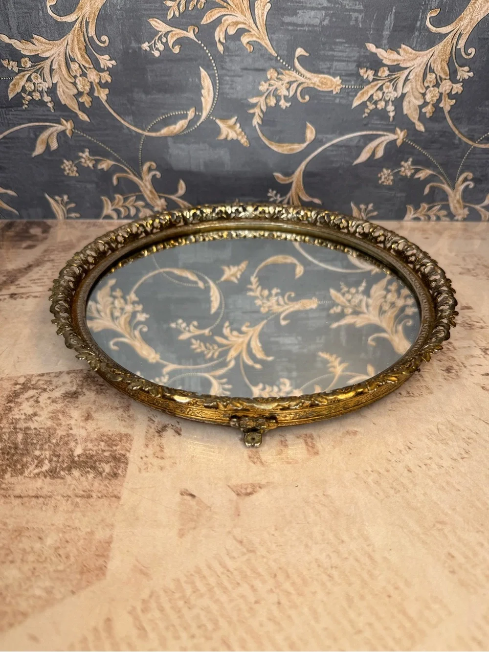 Vintage Round Gold Filigree Mirrored Vanity Tray Hollywood Regency 9 Inch